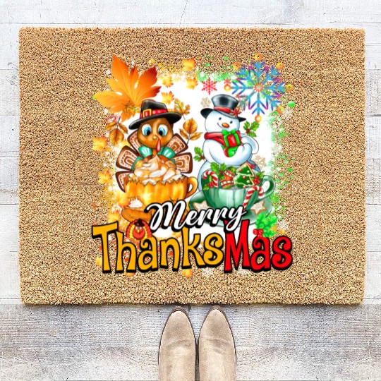 Merry Thanksmas Turkey Snowman Coffee latte cup Coir Doormats