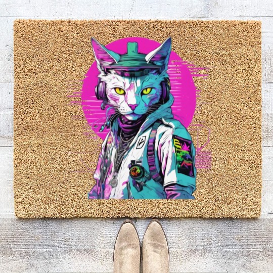 Neon Cyberpunk Warrior Cat Coir Doormats