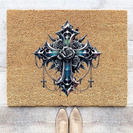 Gothic Crosses - 4 point with Roses Coir Doormats