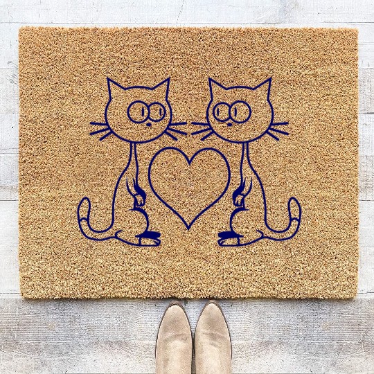 Two Happy Cats Heart 2 Friends Couple Love Team Coir Doormats