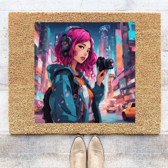 Cyberpunk Pink-Haired Girl - Neon Dreams Coir Doormats