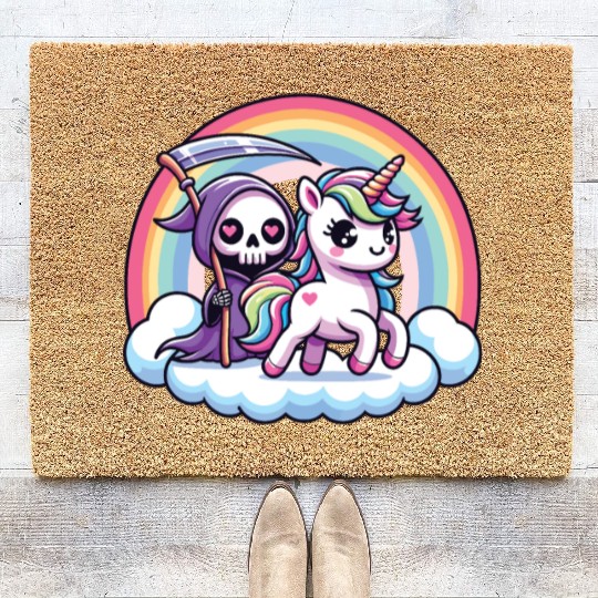 Cute Reaper And Unicorn Rainbow Coir Doormats