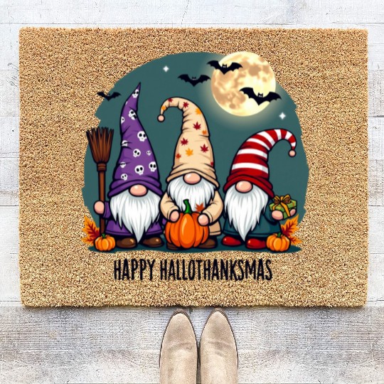 Happy Hallothanksmas Gnomes Celebration with Bats Coir Doormats