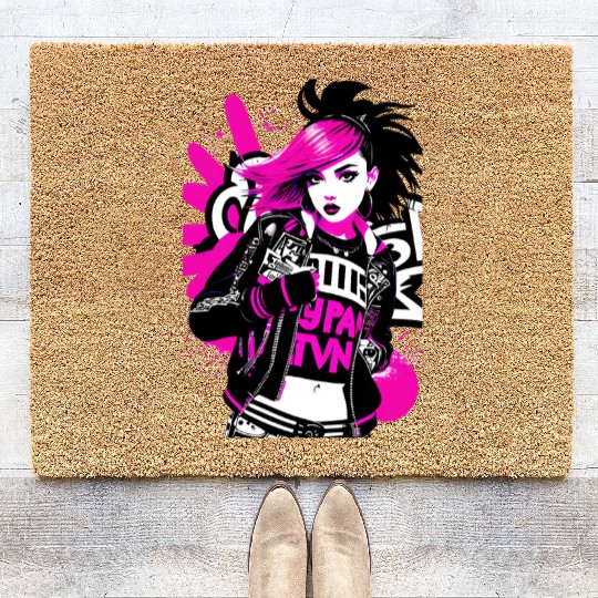 Urban Punk Street Art with Neon Pink Accents Coir Doormats