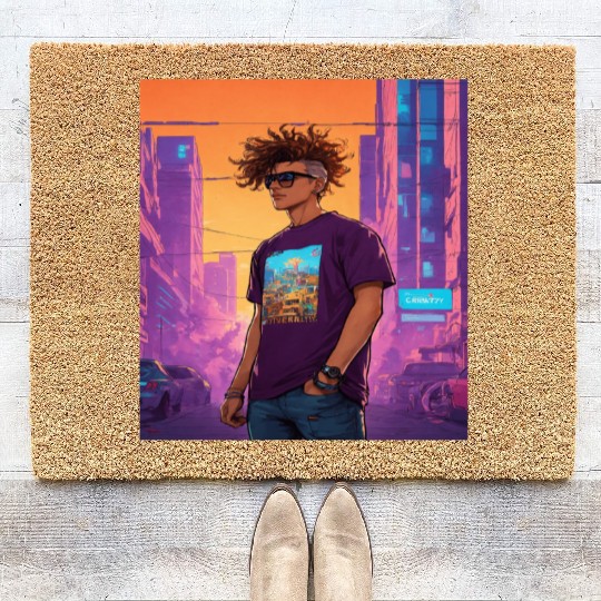 "Edgy Cyberpunk Street Style Portrait Art" Coir Doormats