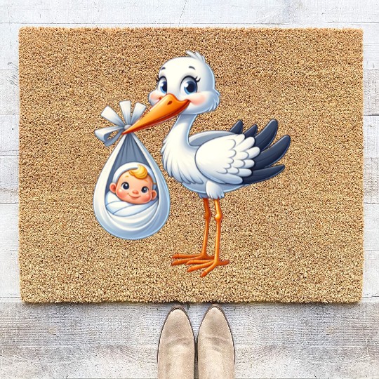 Adorable Stork with Newborn Baby Illustration - Coir Doormats