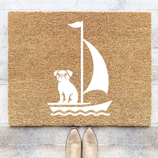 Pug in Boat Silhouette Sailing Minimalist Coir Doormats
