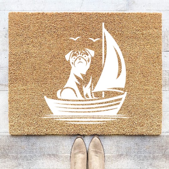 Pug silhouette sailboat minimalist Coir Doormats
