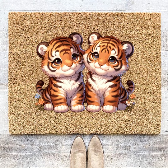 Adorable Twin Tiger Cubs Illustration with Flowers Coir Doormats
