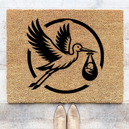 Flying Stork Bringing Newborn Baby Illustration Coir Doormats