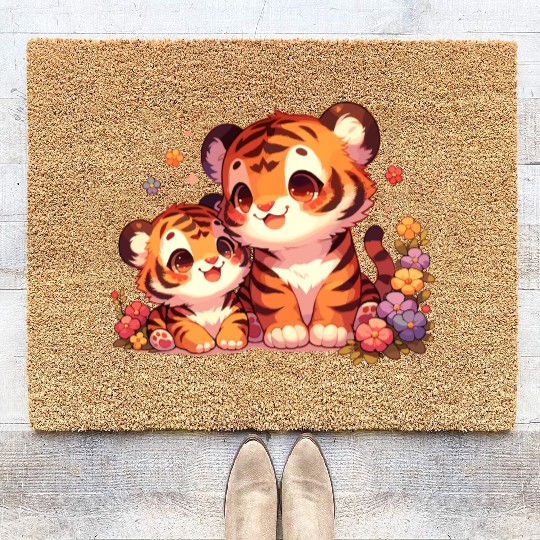 Adorable Tiger Cubs Surrounded By Flowers Coir Doormats