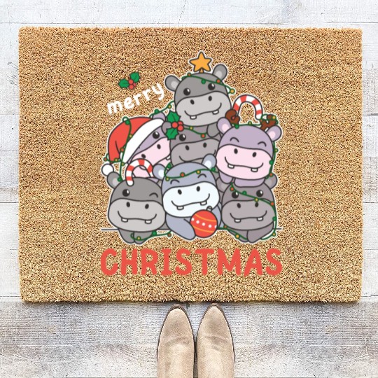 Hippo Christmas Tree Merry Christmas Coir Doormats