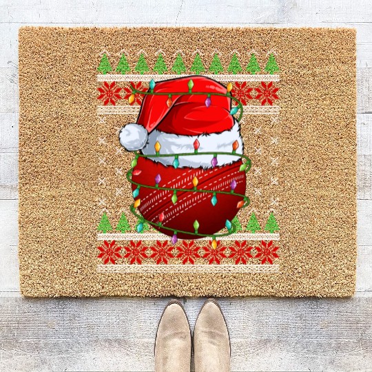 Cricket Ball Ugly Christmas Santa Hat Coir Doormats