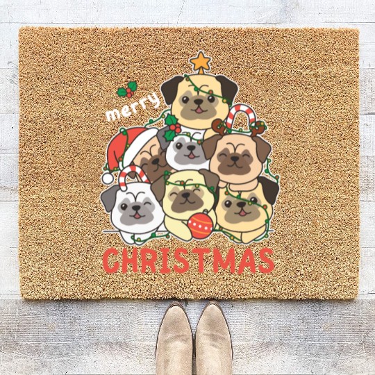 Pug Christmas Tree Merry Christmas Coir Doormats