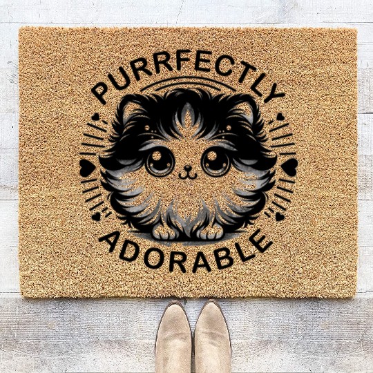 Purrfectly Adorable Fluffy Cat Funny Graphic Coir Doormats