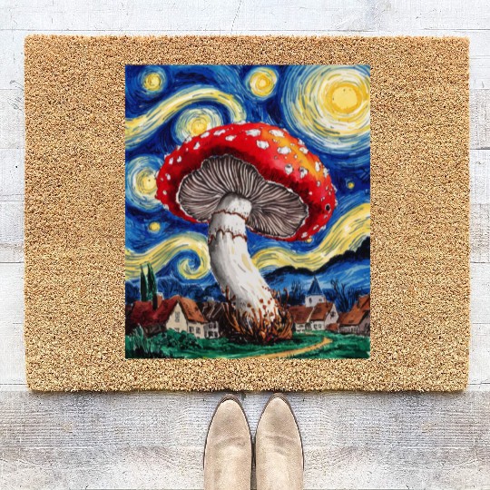 Starry Night Mushroom: Surreal Watercolor Dreamsca Coir Doormats