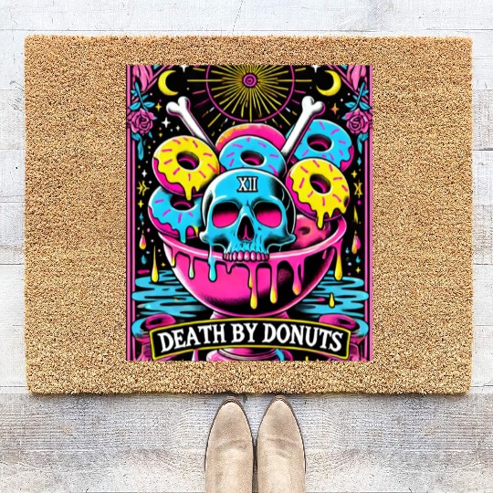 Death by Donuts Tarot Card skull gothic bowl funny Coir Doormats