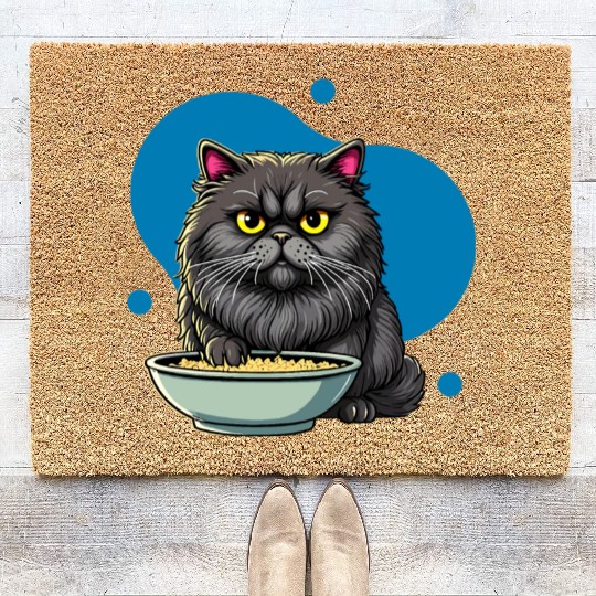 Persian Cat with Food Bowl - Adorable Cartoon Styl Coir Doormats