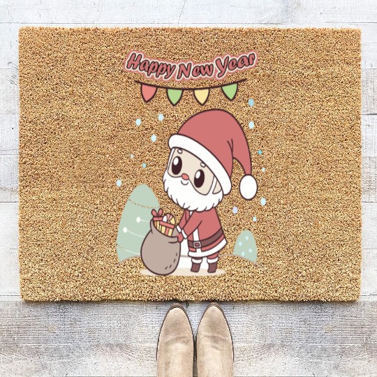 Chibi Santa Happy New Year Celebration Coir Doormats