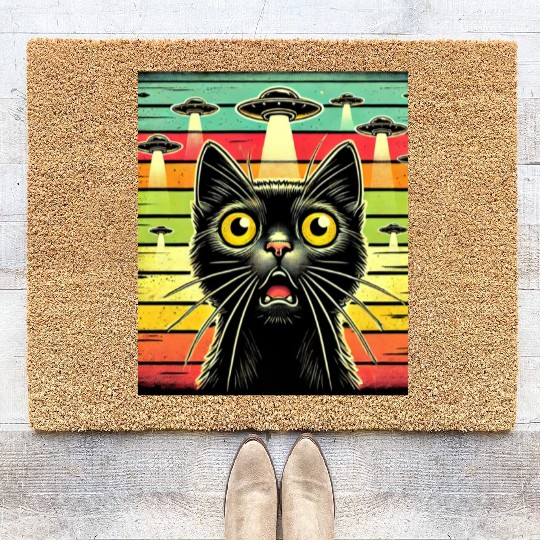 Fun Cat sunset Galaxy Cat Spaceship Alien Cat UFOs Coir Doormats
