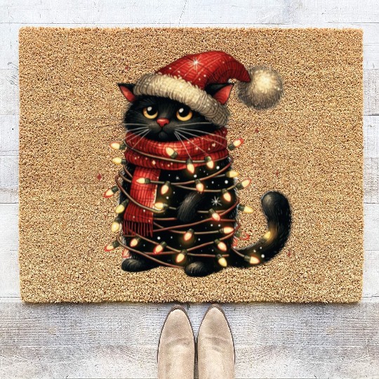 Black Cat In Christmas Light, Cat Lights Coir Doormats
