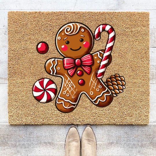 Happy gingerbread man with candy cane Coir Doormats