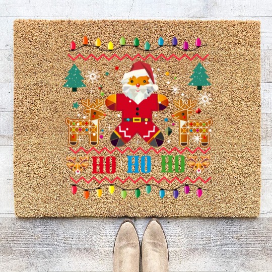 Ugly Christmas Sweater Design-Santa and Reindeer Coir Doormats