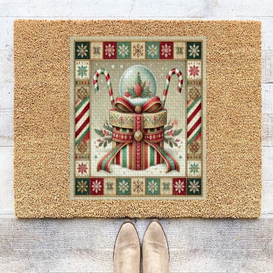 Christmas Snow Globe with Candy Canes and Ribbons Coir Doormats