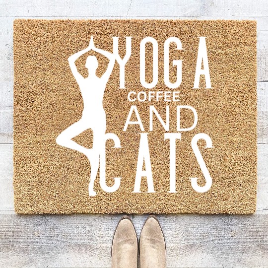 The love of Yoga, Coffee and Cats Coir Doormats