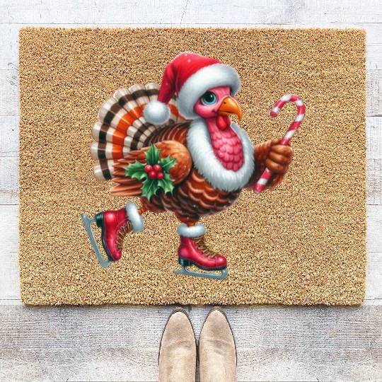 Turkey Ice Skating with Candy Cane and Santa Hat Coir Doormats