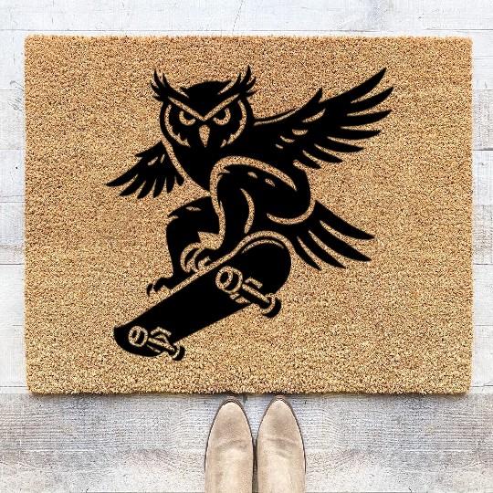 Snow Owl Skateboard Silhouette Minimalist Style Coir Doormats