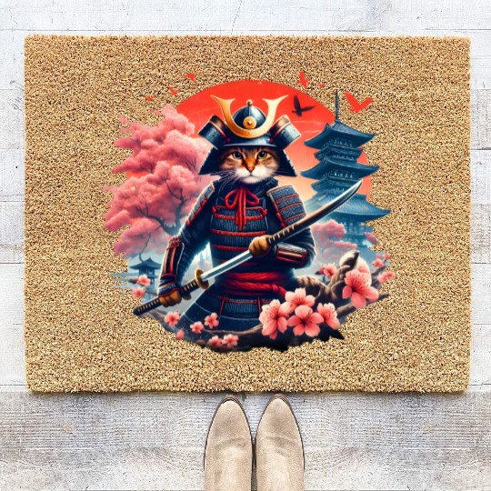 Samurai Cat Graphic Warrior Vintage Japanese Anime Coir Doormats