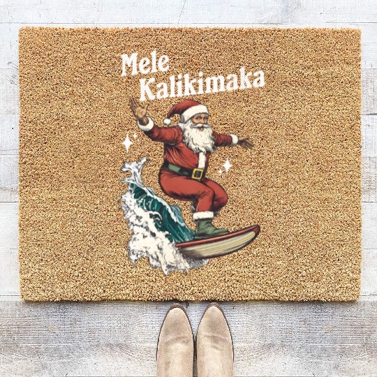 Mele Kalikimaka Hawaiian Christmas Surfing Santa Coir Doormats