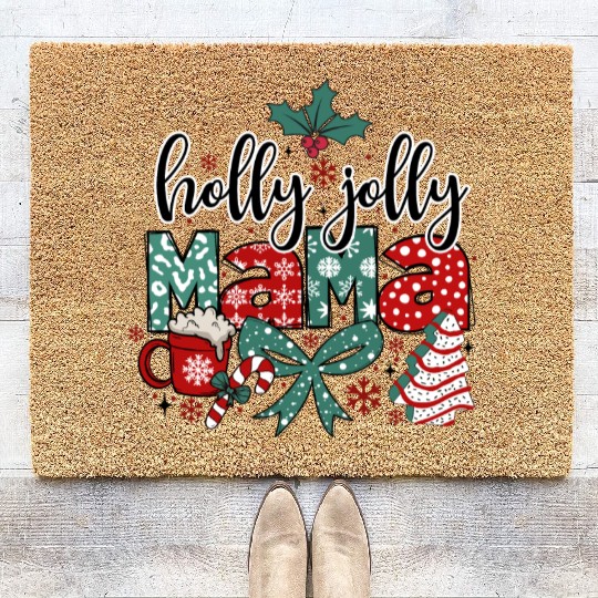 Holly Jolly Mama Coquette Bow Christmas Coir Doormats