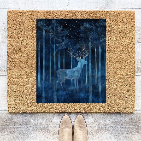 Celestial Deer in the Indigo Forest Coir Doormats