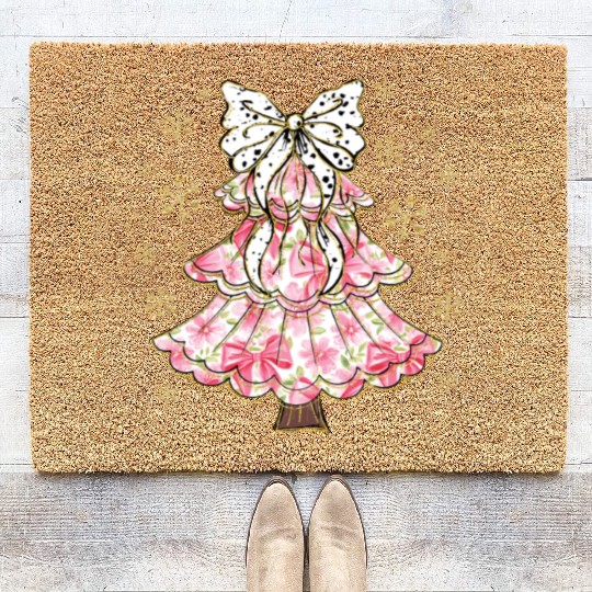 Preppy Pink Coquette Bow Xmas Tree Coir Doormats