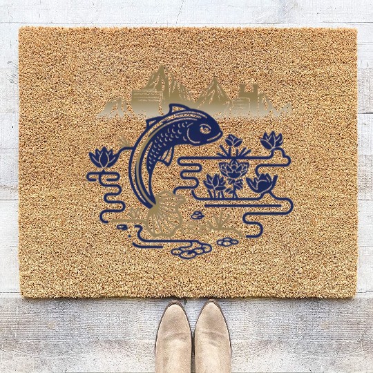fantasy carp-bird hybrid swimming in a lotus pond Coir Doormats