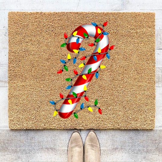 Candy Cane Merry and Bright Christmas Lights Candy Coir Doormats