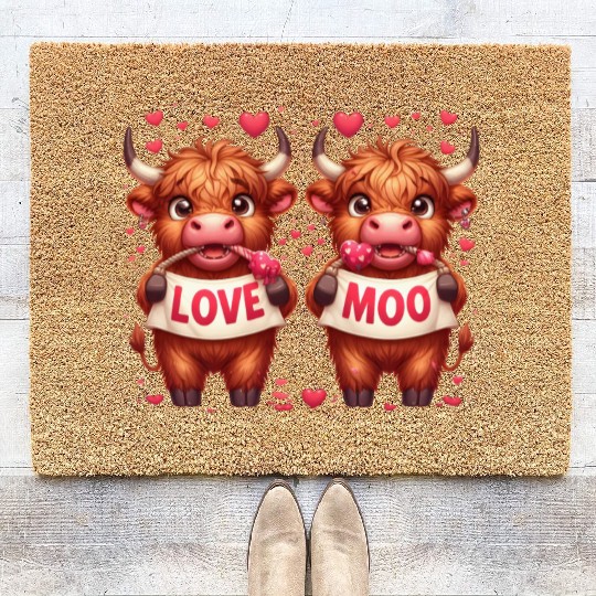Cute cartoon valentines highland cow Coir Doormats