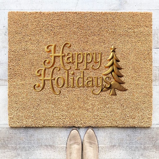 Golden Elegance Happy Holidays Motif Coir Doormats