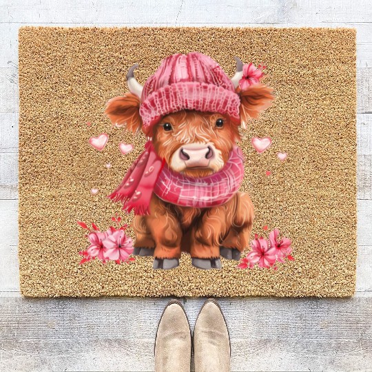 Cute Highland Cow Valentines Day Coir Doormats