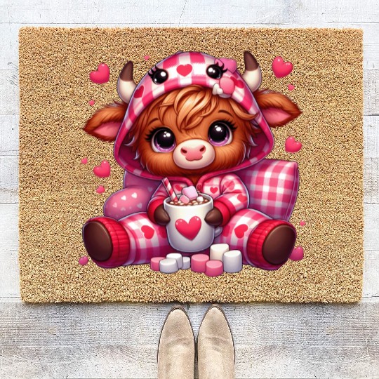 Cute cartoon valentines highland cow Coir Doormats