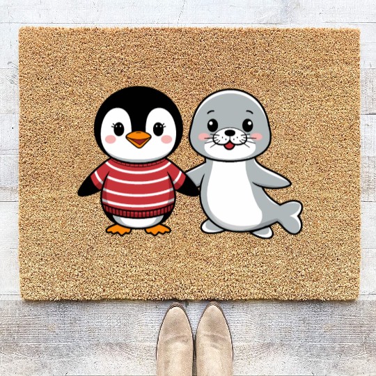 Penguin and Seal Friends holding hands Coir Doormats