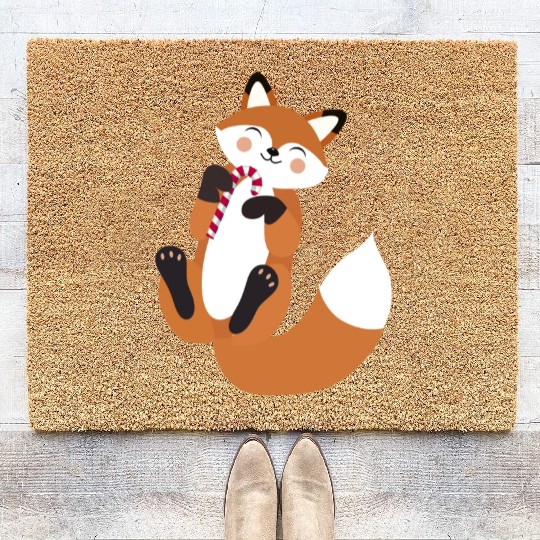 Playful fox with candy cane for Christmas Coir Doormats