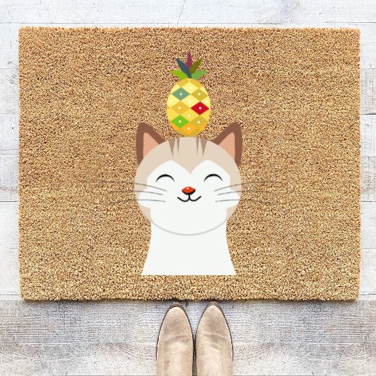 Happy Cat with Pineapple - Tropical Animal Design Coir Doormats