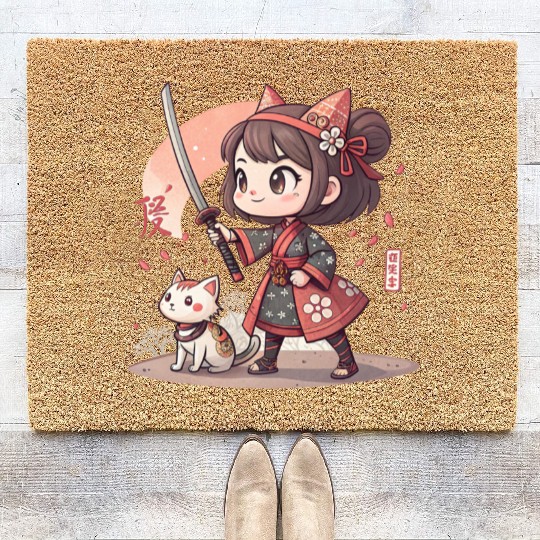 Adorable Anime Samurai Girl: Cat & Katana Design Coir Doormats