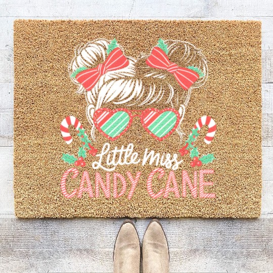 Little Miss Candy Cane Christmas Messy Bun Toddler Coir Doormats