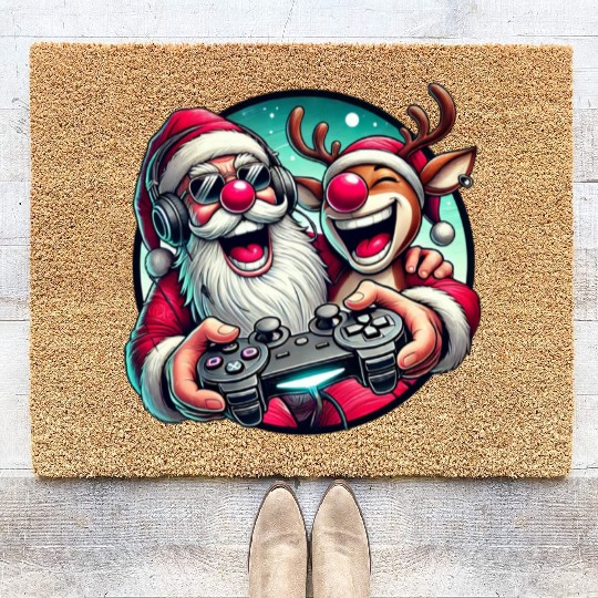 Funny Christmas Duo: Santa & Rudolph Gaming Coir Doormats