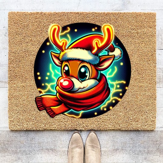 Funny Christmas Rudolph: Glowing Neon Santa Scarf Coir Doormats