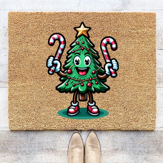 Happy Christmas Tree With Candy Canes Retro Coir Doormats
